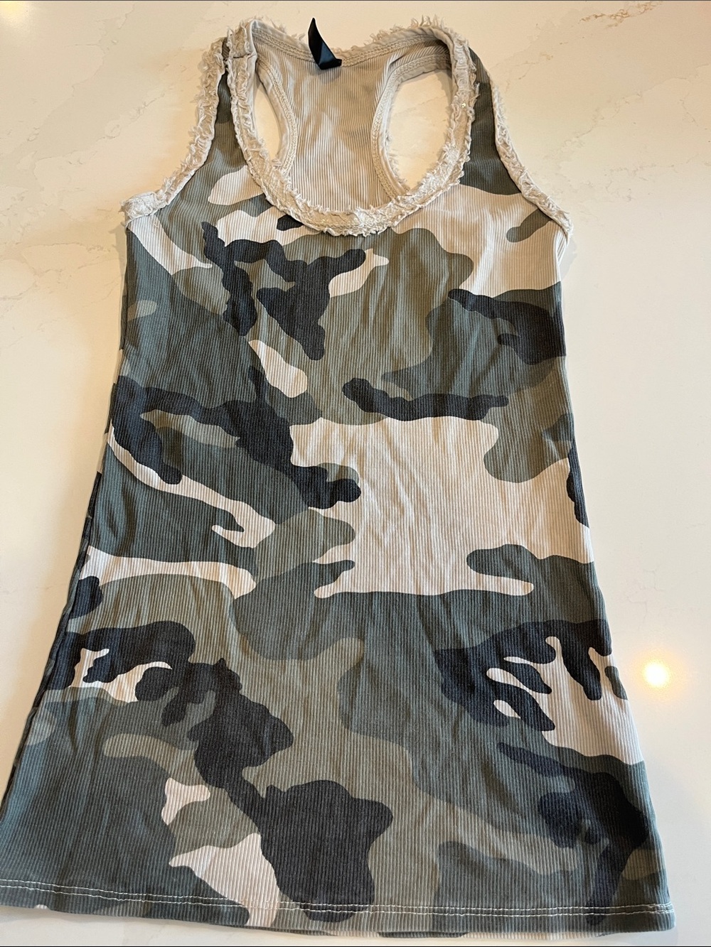 Camo tank with sequin neckline